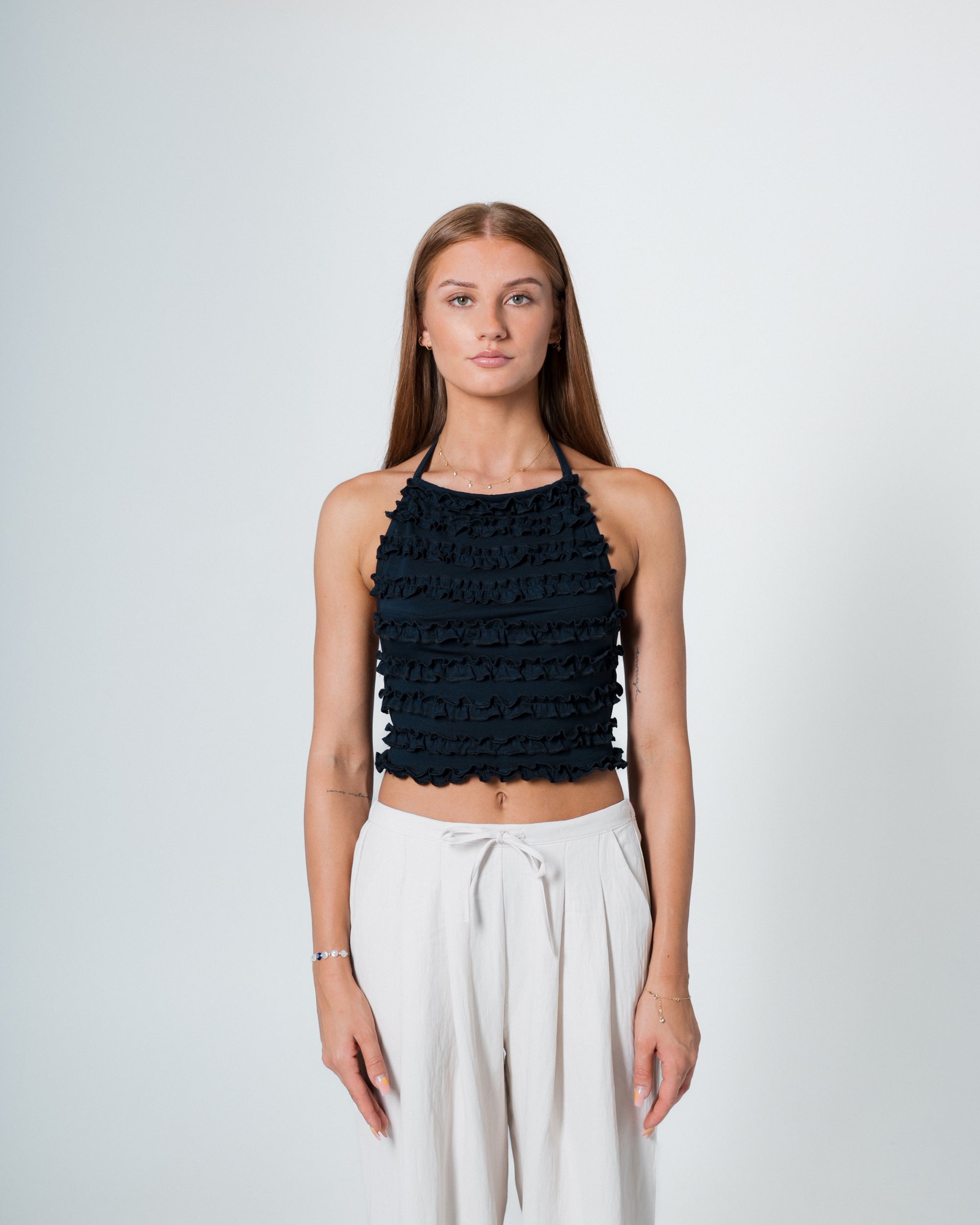 FRILLS NAVY TOP